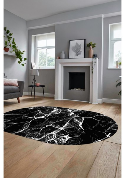 Baskılı Kaymaz Yıkanabilir Mermer Desen Oval Mutfak Yolluk Salon Halısı, O-Mermer-01-Siyah,