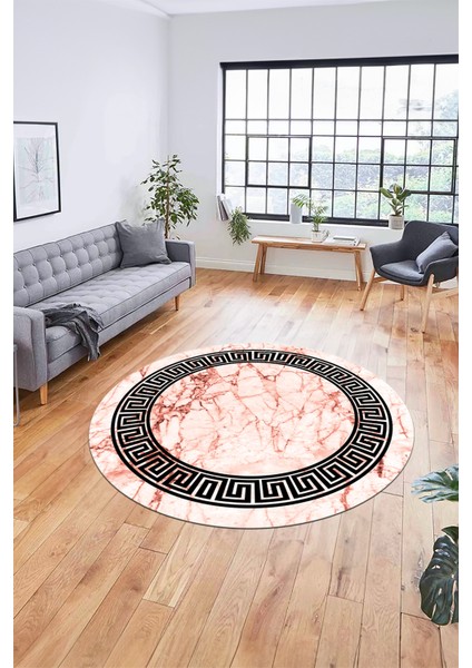 Çerçeveli Mermer Desenli Dijital Kaymaz Yıkanabilir Yuvarlak Salon Halısı, Y-Mermer-12-Pembe,