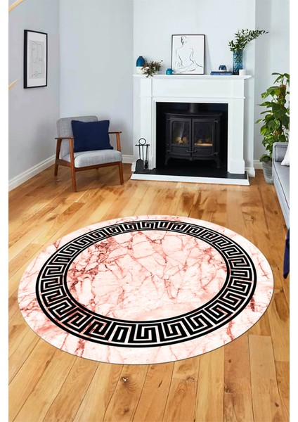 Çerçeveli Mermer Desenli Dijital Kaymaz Yıkanabilir Yuvarlak Salon Halısı, Y-Mermer-12-Pembe,
