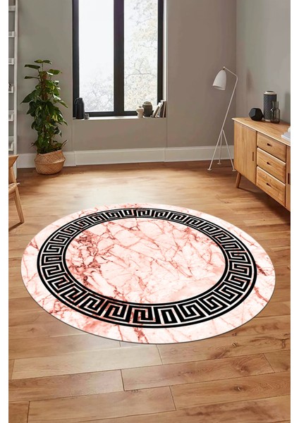 Çerçeveli Mermer Desenli Dijital Kaymaz Yıkanabilir Yuvarlak Salon Halısı, Y-Mermer-12-Pembe,