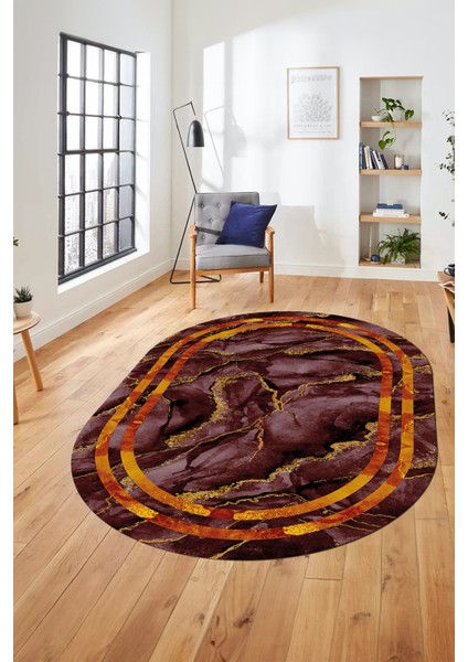 Baskılı Kaymaz Yıkanabilir Çerçeve Mermer Desen Oval Mutfak Yolluk Salon Halısı, O-Mermer-04-Bordo,