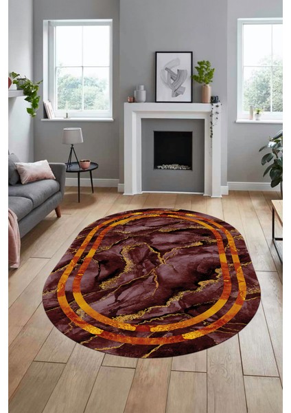 Baskılı Kaymaz Yıkanabilir Çerçeve Mermer Desen Oval Mutfak Yolluk Salon Halısı, O-Mermer-04-Bordo, modelleri