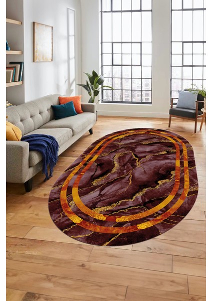 Baskılı Kaymaz Yıkanabilir Çerçeve Mermer Desen Oval Mutfak Yolluk Salon Halısı, O-Mermer-04-Bordo, indirimleri