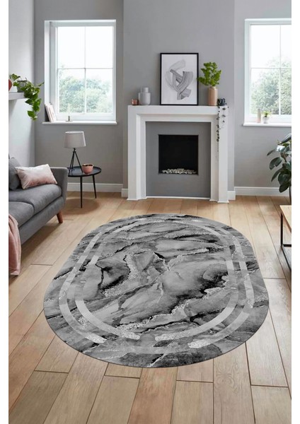 Baskılı Kaymaz Yıkanabilir Çerçeve Mermer Desen Oval Mutfak Yolluk Salon Halısı, O-Mermer-04-Gri,