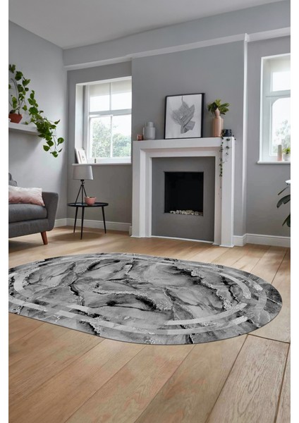 Baskılı Kaymaz Yıkanabilir Çerçeve Mermer Desen Oval Mutfak Yolluk Salon Halısı, O-Mermer-04-Gri,