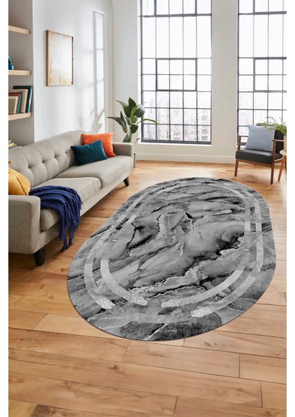 Baskılı Kaymaz Yıkanabilir Çerçeve Mermer Desen Oval Mutfak Yolluk Salon Halısı, O-Mermer-04-Gri,