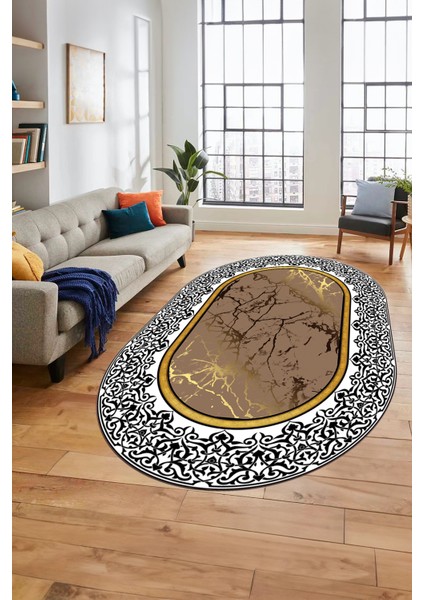 Dijital Kaymaz Yıkanabilir Mermer Desen Oval Mutfak Koridor Salon Halısı, O-Mermer-10-Kahve,