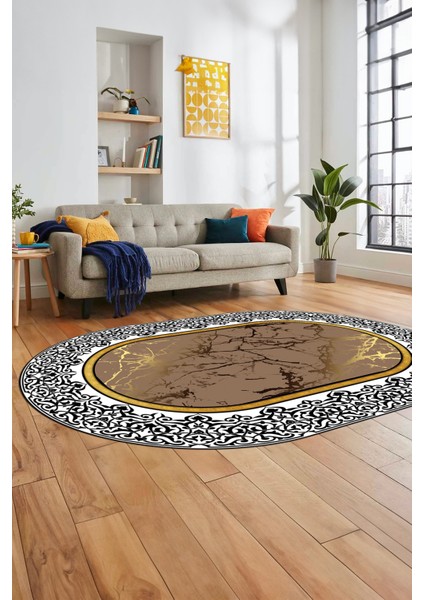 Dijital Kaymaz Yıkanabilir Mermer Desen Oval Mutfak Koridor Salon Halısı, O-Mermer-10-Kahve,
