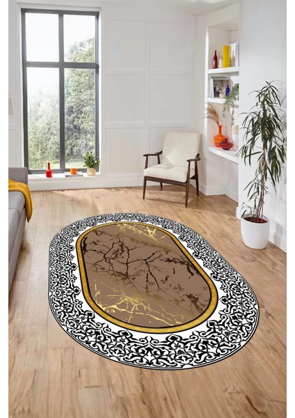 Dijital Kaymaz Yıkanabilir Mermer Desen Oval Mutfak Koridor Salon Halısı, O-Mermer-10-Kahve,