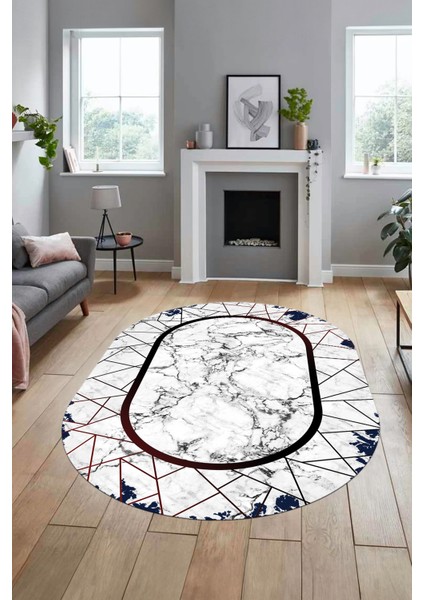 Mermer Desenli Dijital Kaymaz Yıkanabilir Oval Mutfak Koridor Salon Halısı, O-Mermer-11-Bordo,