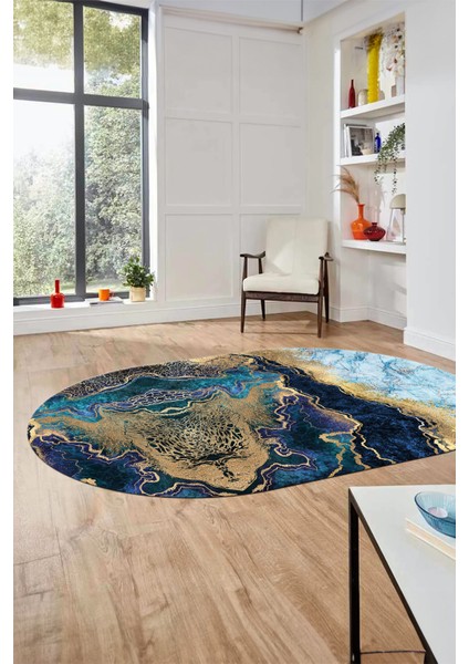 Modern Mermer Desen Kaymaz Yıkanabilir Oval Yolluk Mutfak Koridor Salon Halısı, O-Mermer-25-Mavi, fiyatları