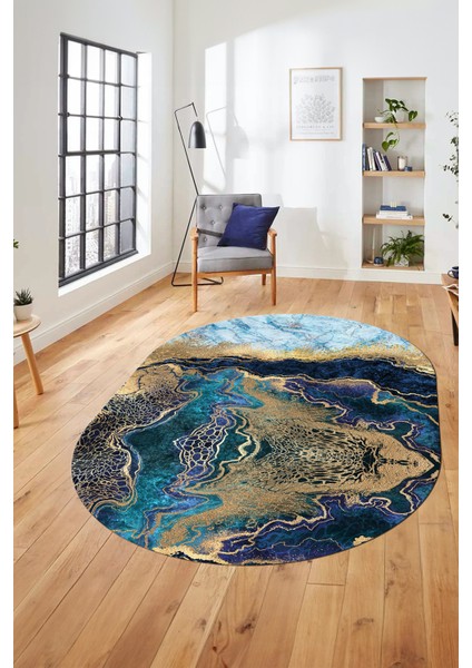Modern Mermer Desen Kaymaz Yıkanabilir Oval Yolluk Mutfak Koridor Salon Halısı, O-Mermer-25-Mavi, modelleri