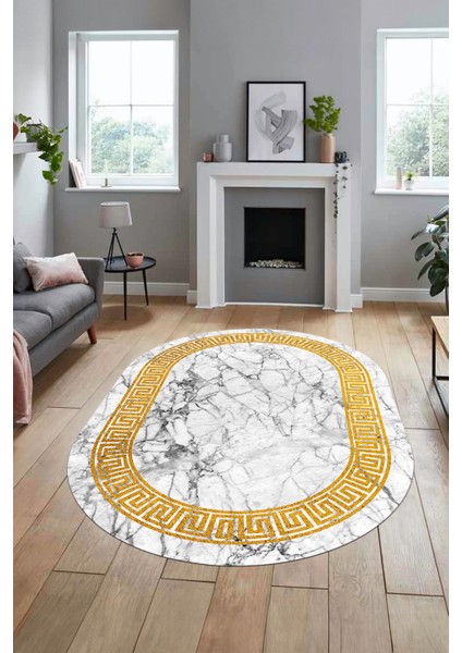 Çerçeveli Mermer Desenli Dijital Kaymaz Yıkanabilir Oval Koridor Salon Halısı, O-Mermer-12-Beyaz,