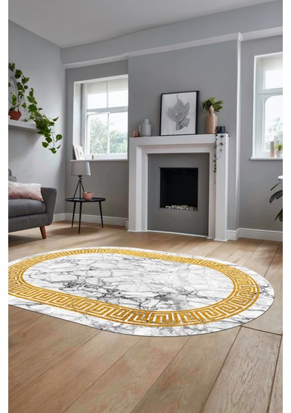 Çerçeveli Mermer Desenli Dijital Kaymaz Yıkanabilir Oval Koridor Salon Halısı, O-Mermer-12-Beyaz,