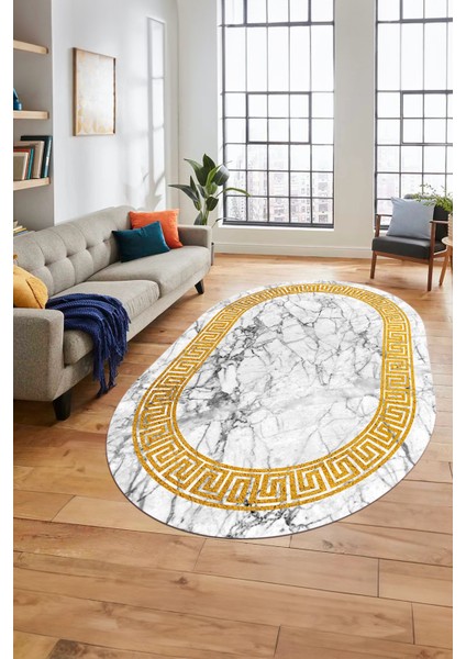 Çerçeveli Mermer Desenli Dijital Kaymaz Yıkanabilir Oval Koridor Salon Halısı, O-Mermer-12-Beyaz,