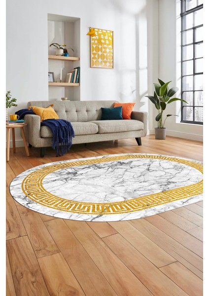 Çerçeveli Mermer Desenli Dijital Kaymaz Yıkanabilir Oval Koridor Salon Halısı, O-Mermer-12-Beyaz,