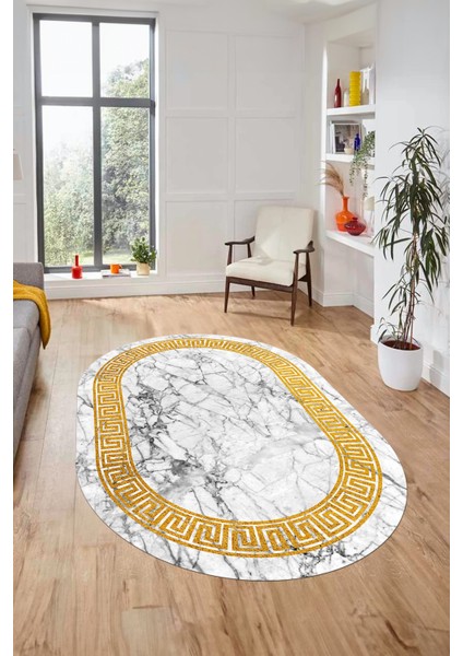 Çerçeveli Mermer Desenli Dijital Kaymaz Yıkanabilir Oval Koridor Salon Halısı, O-Mermer-12-Beyaz,