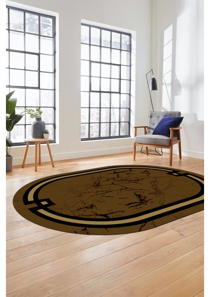 Baskılı Kaymaz Yıkanabilir Zarif Mermer Desenli Oval Mutfak Yolluk Salon Halısı, O-Mermer-07-Kahve,