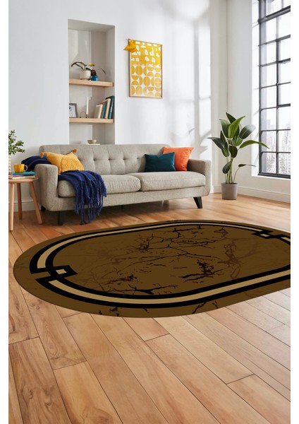 Baskılı Kaymaz Yıkanabilir Zarif Mermer Desenli Oval Mutfak Yolluk Salon Halısı, O-Mermer-07-Kahve, indirimleri