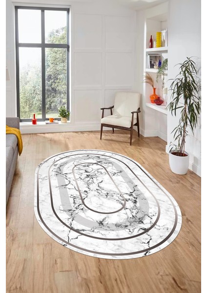 Zarif Mermer Desenli Dijital Kaymaz Yıkanabilir Oval Yolluk Koridor Salon Halısı, O-Mermer-16-Gümüş, fırsatları