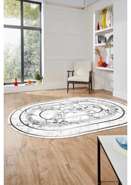 Zarif Mermer Desenli Dijital Kaymaz Yıkanabilir Oval Yolluk Koridor Salon Halısı, O-Mermer-16-Gümüş, indirimleri