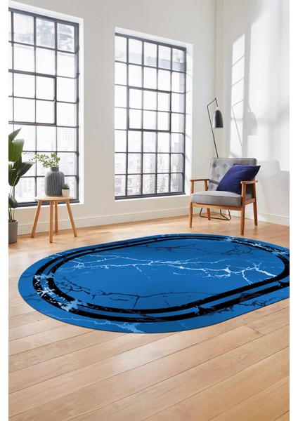 Baskılı Kaymaz Yıkanabilir Mermer Desen Modern Oval Mutfak Yolluk Salon Halısı, O-Mermer-08-Mavi,