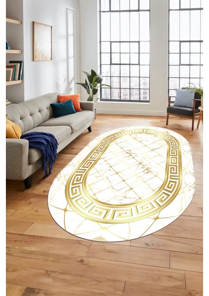 Çerçeveli Mermer Desen Dijital Kaymaz Yıkanabilir Oval Yolluk Salon Halısı, O-Mermer-18-Beyaz,