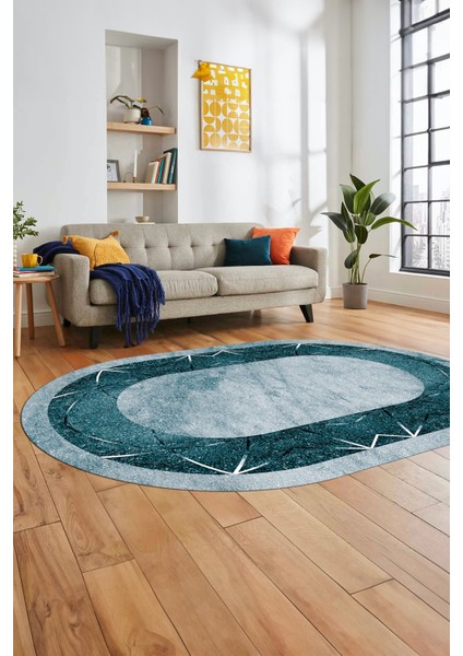 Şık Mermer Desenli Dijital Kaymaz Yıkanabilir Oval Yolluk Koridor Salon Halısı, O-Mermer-13-Mavi,