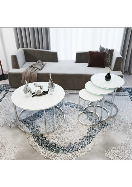 4 Lü Temperli Kırılmaz Cam Gümüşmetal Ayaklı Cam C Model Sehpa Takımı (Zigon ve Orta)