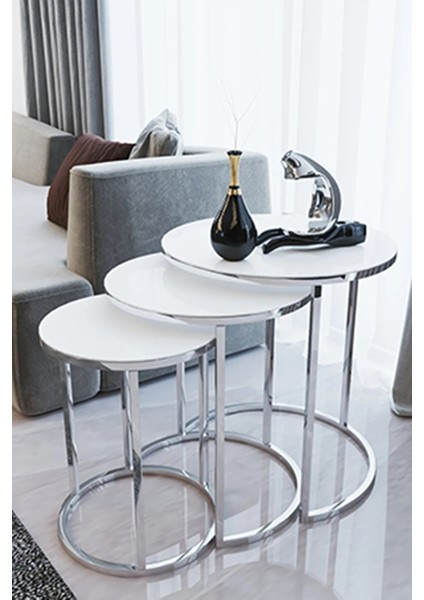 4 Lü Temperli Kırılmaz Cam Gümüşmetal Ayaklı Cam C Model Sehpa Takımı (Zigon ve Orta) modelleri