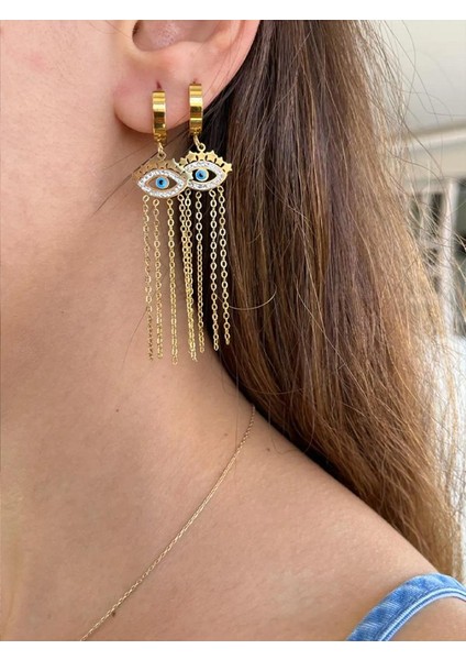 Çelik Göz Desenli ve Nazar Boncuklu Küpe -Vintage Küpe-Gold Küpe
