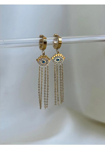 Çelik Göz Desenli ve Nazar Boncuklu Küpe -Vintage Küpe-Gold Küpe modelleri