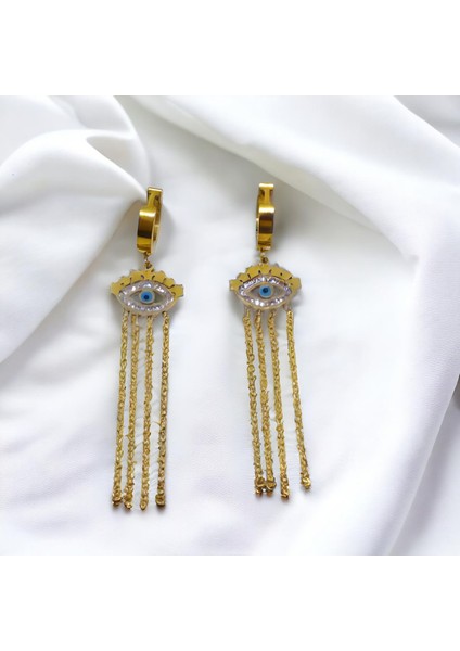 Çelik Göz Desenli ve Nazar Boncuklu Küpe -Vintage Küpe-Gold Küpe fırsatları