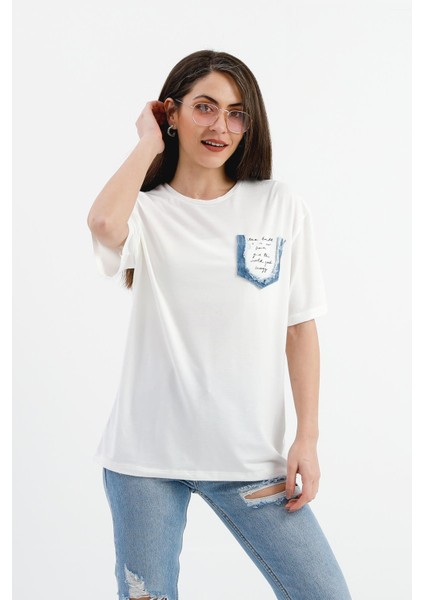 Bisiklet Yaka Kot Cep Detaylı T- Shirt - Ekru fiyatları