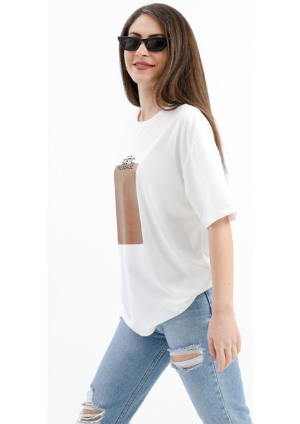Bisiklet Yaka Baskılı T-Shirt - Ekru fırsatları