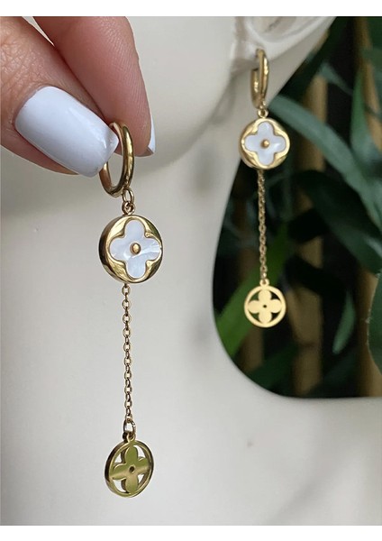 Şans Taşlı Küpe -Sallantılı Yonca Küpe -Gold Küpe-Vintage Küpe