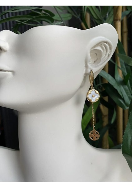 Şans Taşlı Küpe -Sallantılı Yonca Küpe -Gold Küpe-Vintage Küpe modelleri