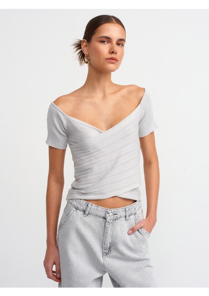 10528 Bardot Yaka Fitilli Triko Top-Açık Gri