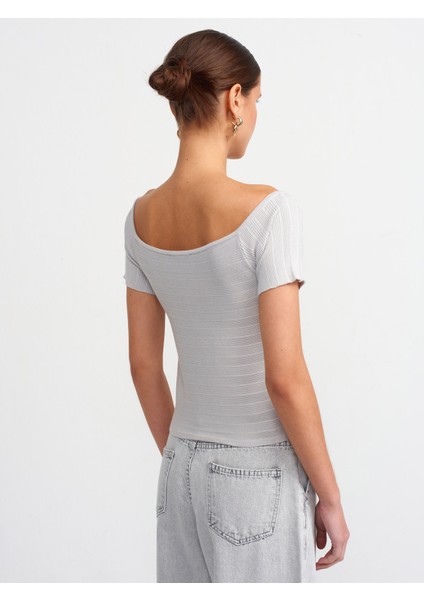 10528 Bardot Yaka Fitilli Triko Top-Açık Gri
