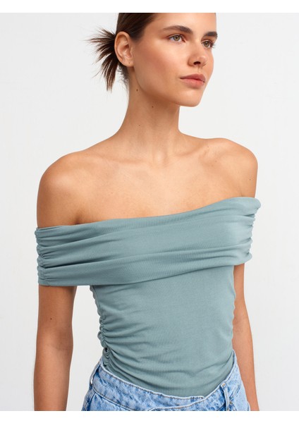 30902 Omuzları Açık Büzgülü Top-Yeşil modelleri