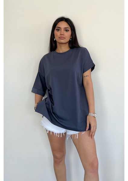 Kolu Katlamalı Oversize Bisiklet Yaka T-Shirt Füme