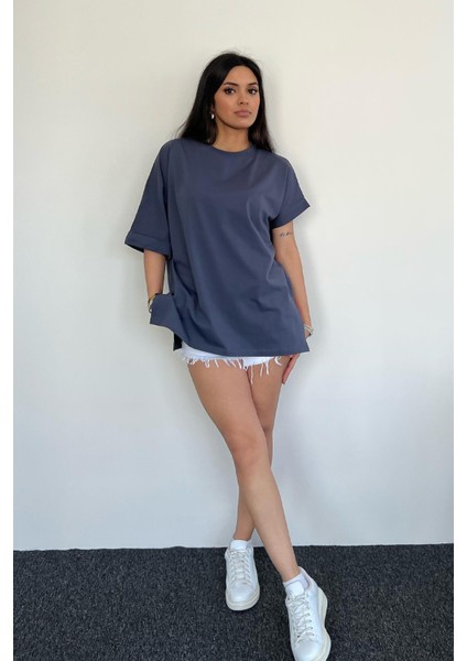 Kolu Katlamalı Oversize Bisiklet Yaka T-Shirt Füme