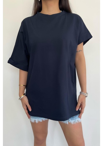 Kolu Katlamalı Oversize Bisiklet Yaka T-Shirt Lacivert