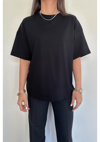 Kısa Kollu Oversize Omzu Patlı T-Shirt Siyah