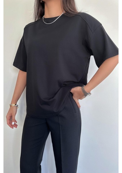 Kısa Kollu Oversize Omzu Patlı T-Shirt Siyah