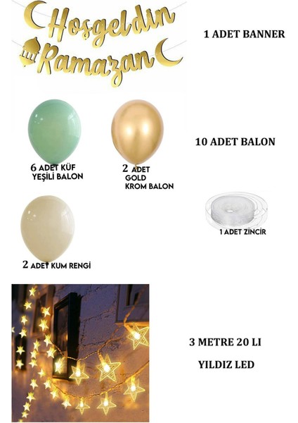 Patladı Gitti Hoşgeldin Ramazan Gold Yazı- Yıldız LED ve Balon Set, Ramazan Ayı Süsleme Seti