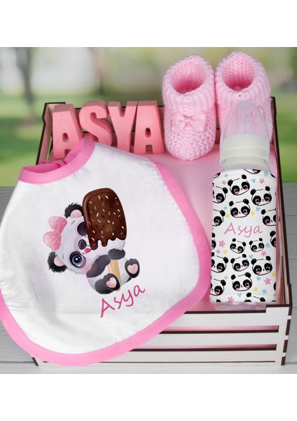 Ahşap Sandıkta Kişiye Özel Önlük Biberon Taş Isimlik ve Patik Bebek Hediye Seti 109523