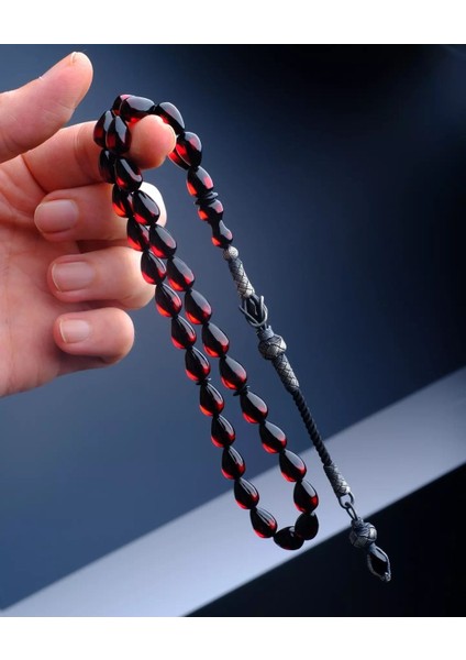 Sürmeli Damla Model Sıkma Ateş Kehribar Tesbih 1000 Ayar Özel Kazaziye Gümüş Tasarımlı
