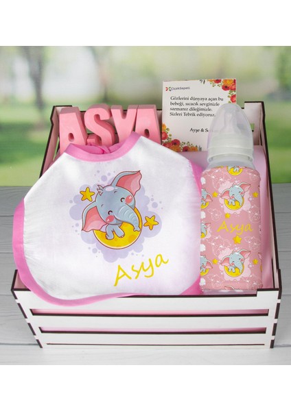 Ahşap Sandıkta Kişiye Özel Önlük Biberon ve Taş Isimlik Bebek Hediye Seti 109558