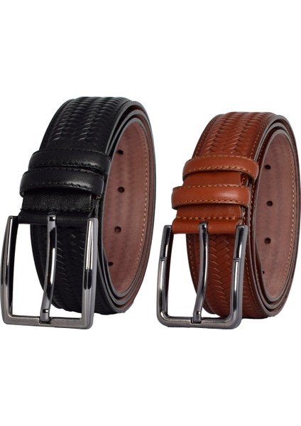 , 2'li Set Siyah, Tosado Dikişli Örgü Baskılı Kumaş Pant. Kemeri 3.5 Cm_örgü.bas